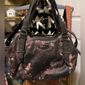 VS Black Leather Shoulder Bag with Purple Floral Print